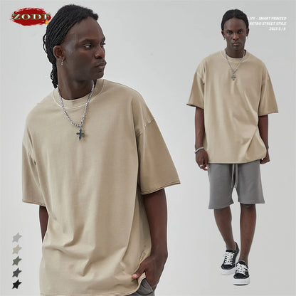 ZODF 2025 High Street Men Batik Washed Solid T Shirts Unisex Summer Loose Edge Noshrink 275gsm Cotton T-Shirt Streetwears HY0466