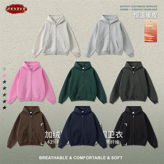 ZODF Fashion Winter 345gsm Boxy Fleece Zipper Hoodie For Men Unisex Cusual Loose Fit Warm Hooded Coat Outwears HY1178