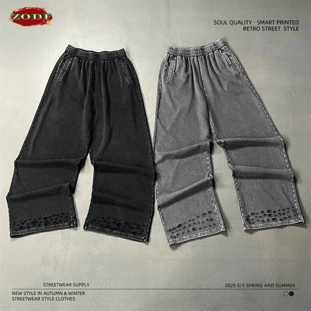 ZODF 2025 Autumn Men Washed Cotton Terry Pants 380gsm Distressed Oversized Straight Sport Trousers Streetwear HY1075