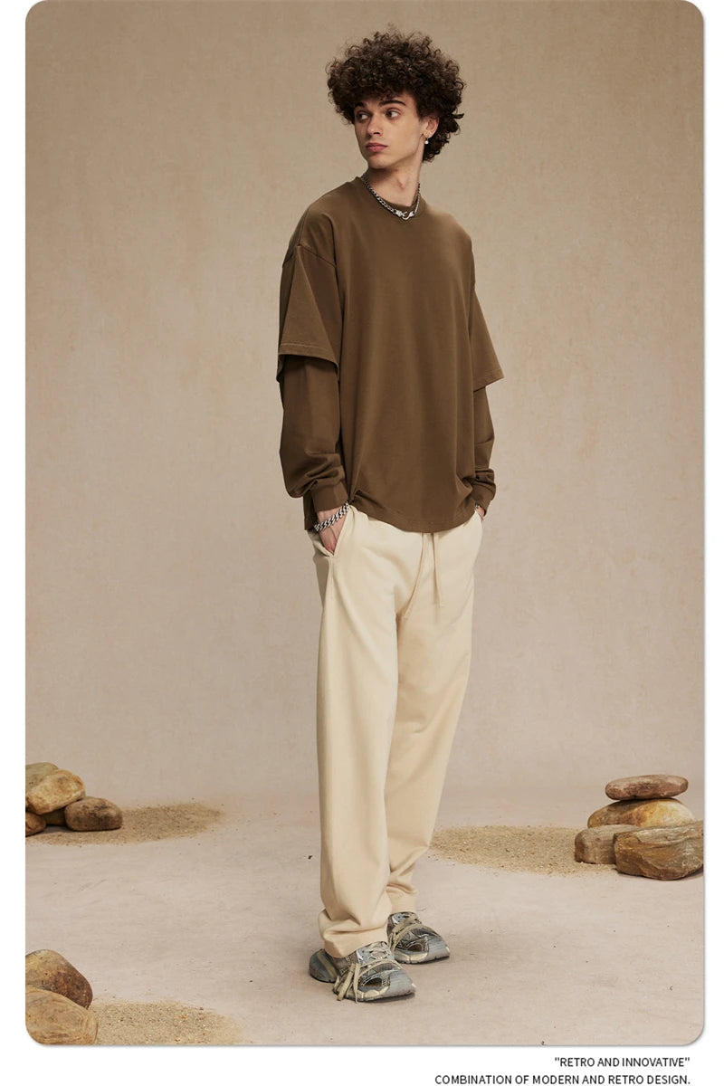 ZODF Fashion Spring Autumn Men 100% Cotton T-Shirt Unisex Fake 2-Piece 305gsm Solid Full Sleeve O Neck T Shirt Brand Tees HY0925