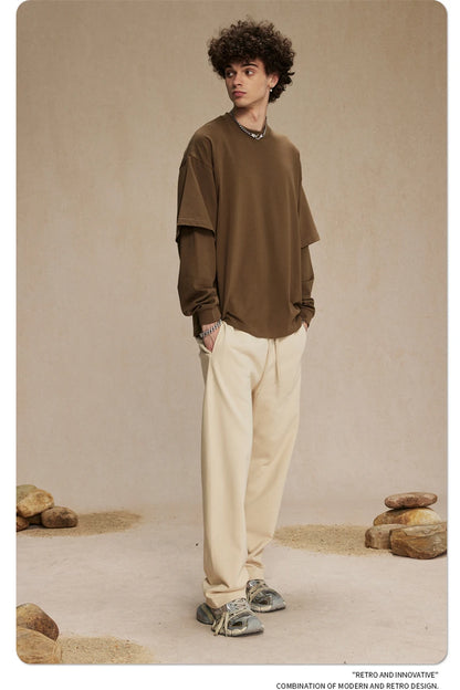 ZODF Fashion Spring Autumn Men 100% Cotton T-Shirt Unisex Fake 2-Piece 305gsm Solid Full Sleeve O Neck T Shirt Brand Tees HY0925