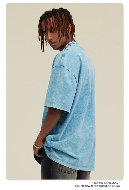 ZODF New Summer Men Washed Batik Cotton T Shirts Unisex American Retro High Street 270gsm Short Sleeve Tees Streetwear HY0489