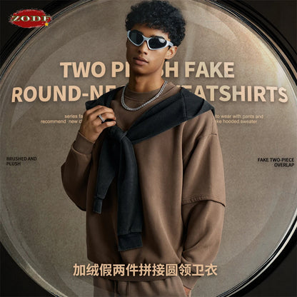 ZODF Trendy 2025 Winter Man 360gsm Washed Fleece Hoodies Unisex Patchwork Loose Fake 2 Pieces Knitted O Neck Sweatshirts HY1089