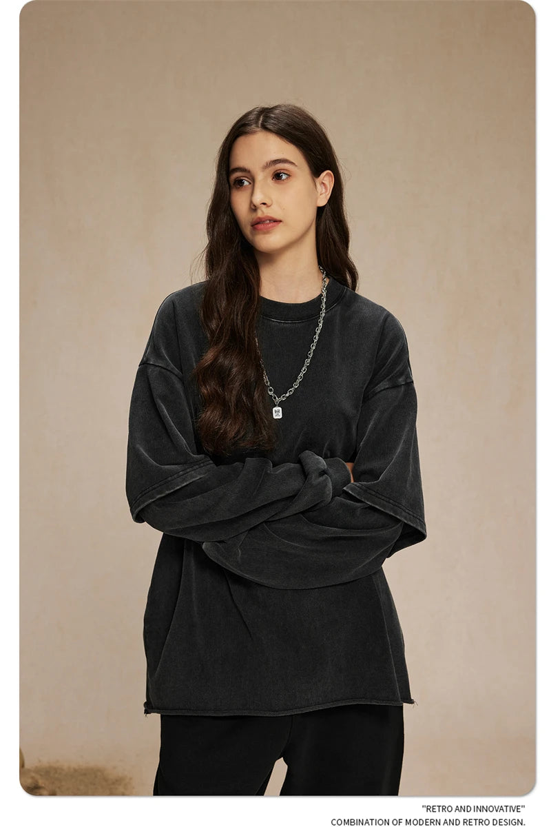 ZODF Retro Autumn Men Washed Cotton T-Shirts Unisex Loose Edge Fake 2-Piece 345gsm Full Sleeve O Neck T Shirt Brand Tops HY0928