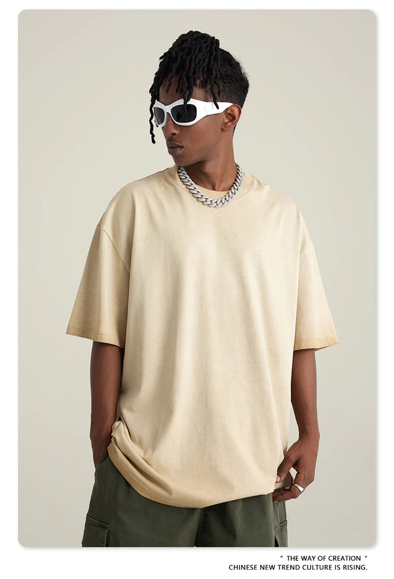 ZODF 2023 Men's Summer 255G Wash Gradient Fried Cotton T Shirt Round Neck Short Sleeve American Retro Loose T-Shirt HY0547