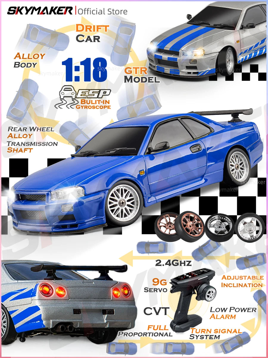 Skymaker LDRC 1/18 RC Drift Car LD1899 GTR Mode R34 2.4GHz RWD with Gyroscope on-Road Alloy Body Shell Racing Car for Boys Gifts