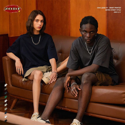 ZODF New Summer Men 275gsm Cotton T Shirts Unisex Women High Street Oversized FG Noshrink Solid T-Shirt Streetwears HY0152