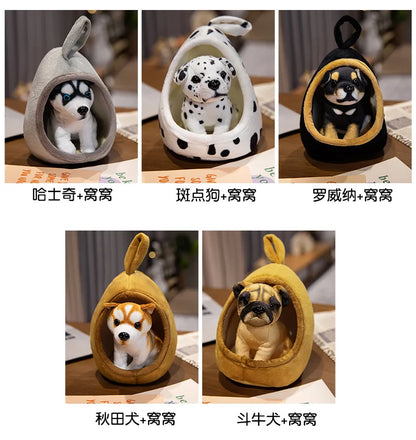 Cute Lifelike Husky & Akita Ultra-Soft Plush Stuffed Toys With A Tiny Cozy Dog Bed Cloth Dolls  Pet Lovers And Plush Collectors