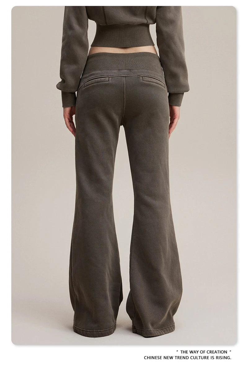 ZODF Retro Winter Women 400gsm Fleece Flared Pants Casual Girls Female Slim Fit Warm Washed Distressed Trousers HY1142