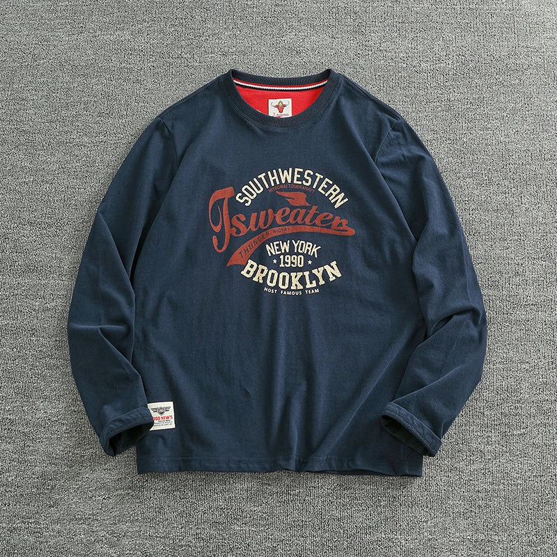 Autumn New American Retro Long-sleeved O-neck Letter Printed T-shirt Men's Fashion Simple 100% Cotton Washed Casual Sport Tops