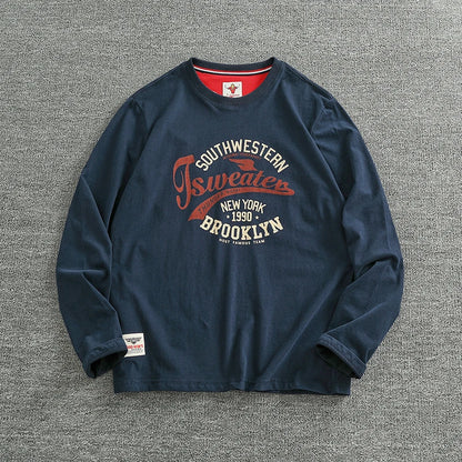 Autumn New American Retro Long-sleeved O-neck Letter Printed T-shirt Men's Fashion Simple 100% Cotton Washed Casual Sport Tops