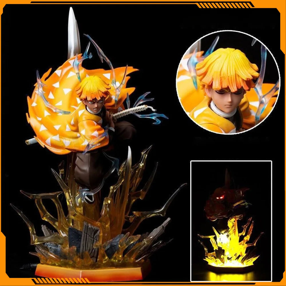Demon Slayer Anime Agatsuma Zenitsu Figure Akaza Hakuji Figurine With Light Gk Statue Model Collection Room Decora Desk Toy Gift