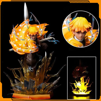 Demon Slayer Anime Agatsuma Zenitsu Figure Akaza Hakuji Figurine With Light Gk Statue Model Collection Room Decora Desk Toy Gift