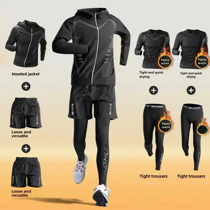 Men’s Winter Fleece-Lined Quick-Dry Warm-Up Sports Set for Running Cycling Fitness Training - sci-fi 7-pcs / XL