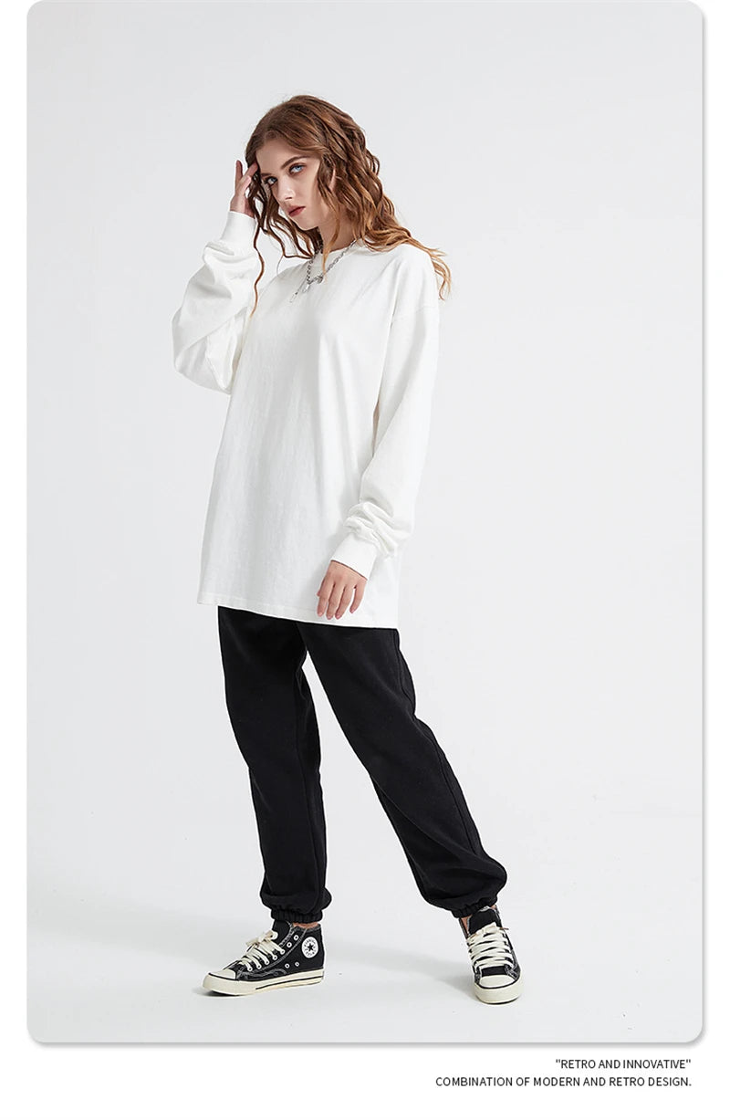 ZODF Retro Autumn Full Sleeve Washed 100% Cotton T-Shirts For Men Unisex Solid Casual Loose 310gsm Tee Brand Tops HY0405