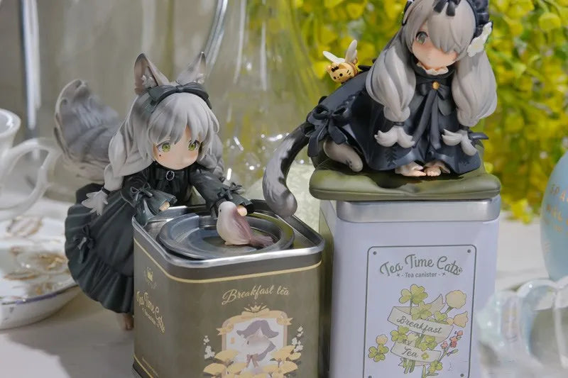 12cm Tea Party Cat Anime Figure Q Version Kawaii Tea Time Cats Tea Pot Cat Action Figure Collection Model Japanese Dolls Hobbies