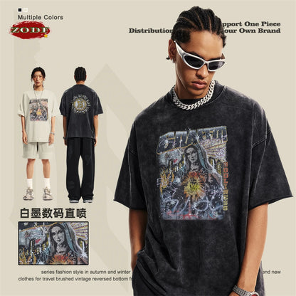 ZODF 2024 Summer 310GSM Cotton T-Shirts For Men Unisex Washed Comfortable High Street Printing T Shirt Tees HY0463