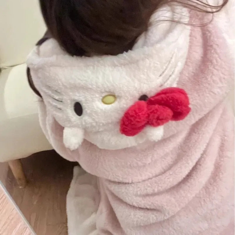 Aoger Hello Kitty Pajamas Women'S Autumn And Winter Coral Velvet Thickened Bathrobe Cute Winter Nightgown Long Women'S Suit