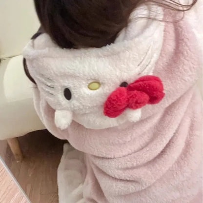 Aoger Hello Kitty Pajamas Women'S Autumn And Winter Coral Velvet Thickened Bathrobe Cute Winter Nightgown Long Women'S Suit