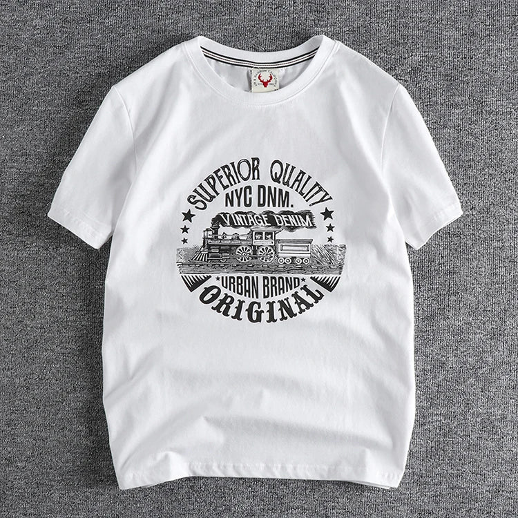Summer American Retro Short-sleeved O-neck Locomotive Printed T-shirt Men's Fashion Simple 100% Cotton Washed Casual Sport Tops