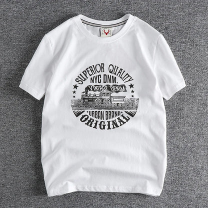 Summer American Retro Short-sleeved O-neck Locomotive Printed T-shirt Men's Fashion Simple 100% Cotton Washed Casual Sport Tops