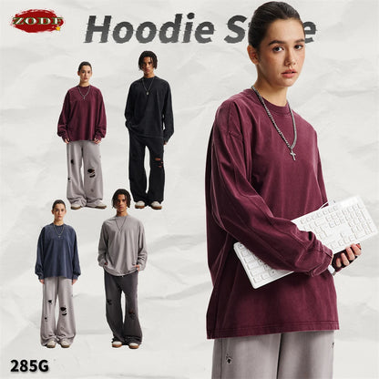 ZODF Retro 285gsm Batik Washed Cotton Man's T-Shirts Unisex Solid Loose Distressed Patchwork Full Sleeve Tee Shirt Tops HY1161