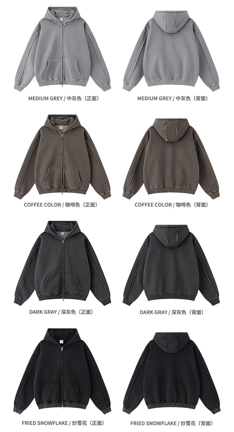 ZODF Retro 2025 Autumn Winter Unisex Zipper Fleece Hoodie 400gsm Washed Batik Warm Hooded Coat HY1084