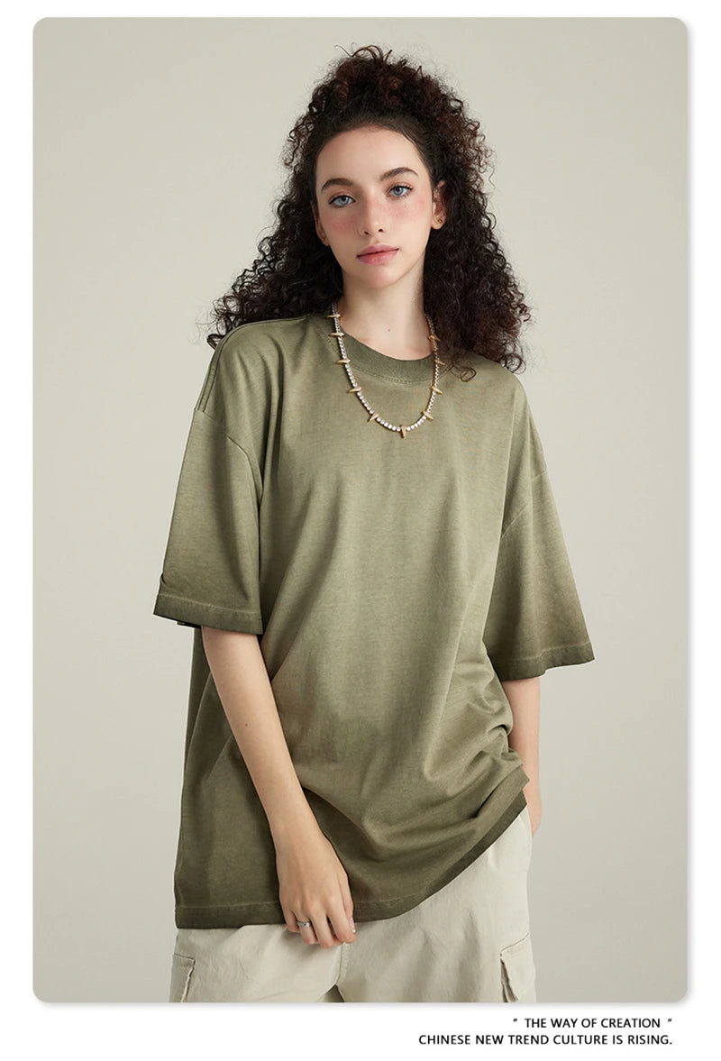 ZODF 2023 Men's Summer 255G Wash Gradient Fried Cotton T Shirt Round Neck Short Sleeve American Retro Loose T-Shirt HY0547