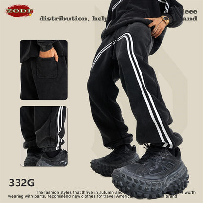 ZODF New Autumn Winter Men Fleece Sweatpants Women Unisex 332gsm Washed Ribbon Warm Joggers Pants Brand Clothes HY0877