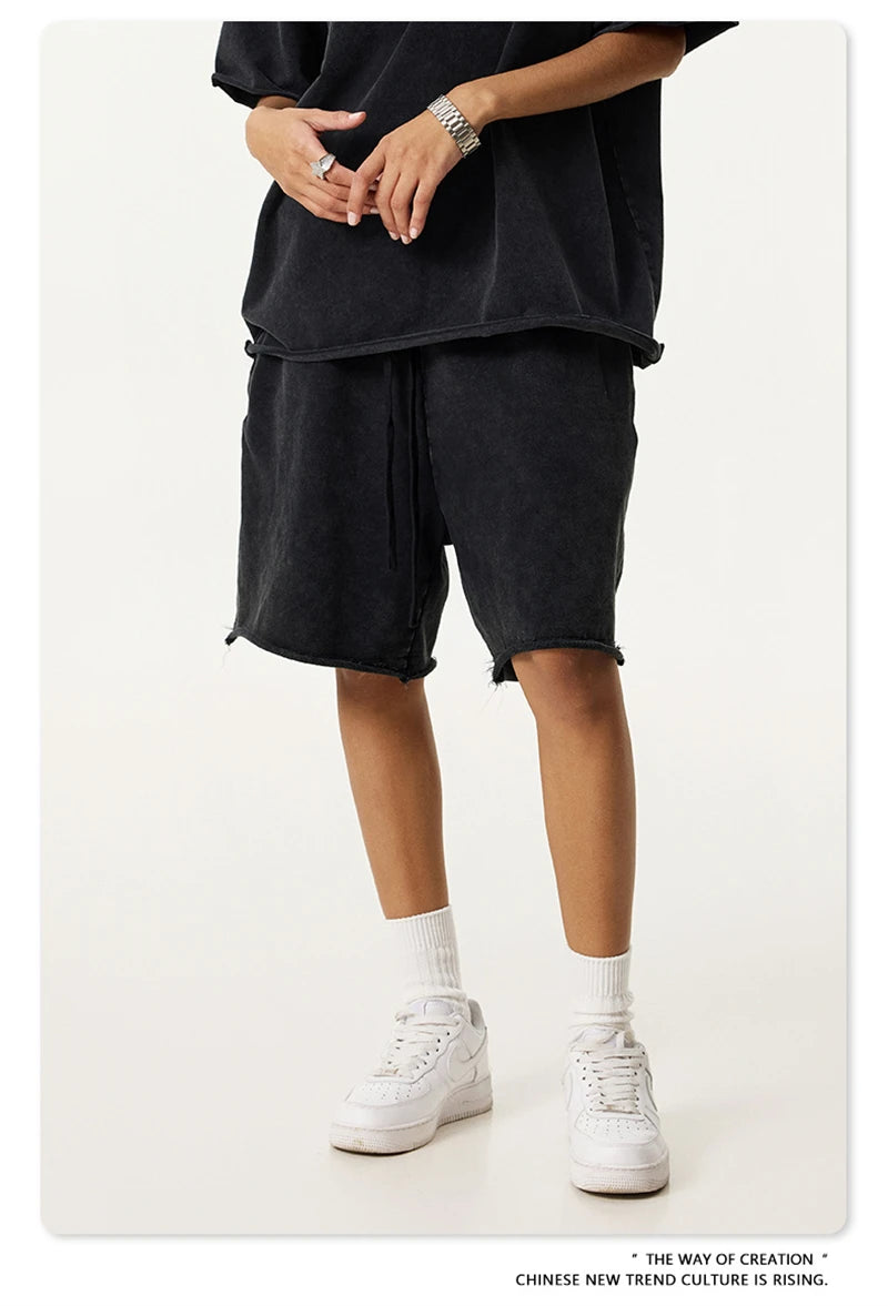 ZODF New 2025 Men Summer Loose Edge Washed Cotton Shorts Unisex Retro High Street Distressed 330gsm Shorts Brand Clothes HY1056