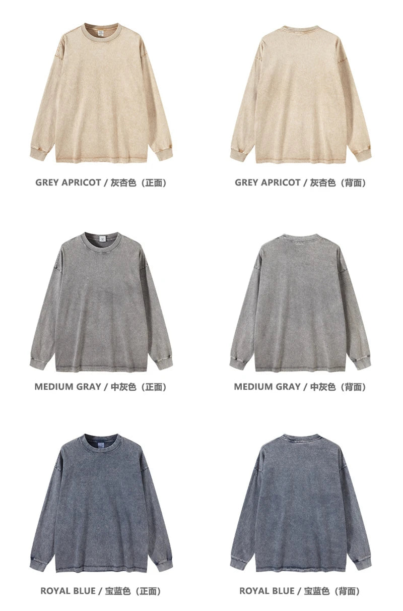 ZODF Retro 2025 Men Autumn Batik Washed T Shirt Unisex Oversized Basic Long Sleeve Solid 270gsm Cotton T-Shirts Tees HY0641