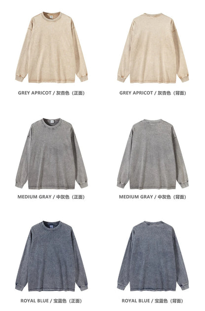 ZODF Retro 2025 Men Autumn Batik Washed T Shirt Unisex Oversized Basic Long Sleeve Solid 270gsm Cotton T-Shirts Tees HY0641