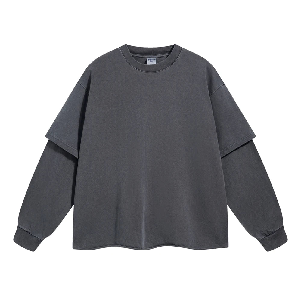 ZODF Retro Autumn Men Washed Cotton T-Shirts Unisex Loose Edge Fake 2-Piece 345gsm Full Sleeve O Neck T Shirt Brand Tops HY0928