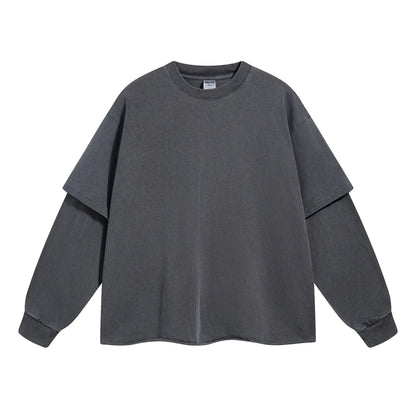 ZODF Retro Autumn Men Washed Cotton T-Shirts Unisex Loose Edge Fake 2-Piece 345gsm Full Sleeve O Neck T Shirt Brand Tops HY0928