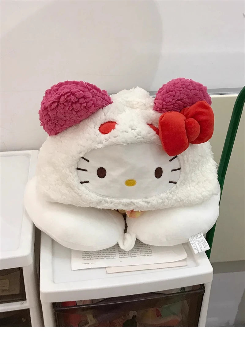 Stuffe Anime Hooded U-shaped Neck Pillow Hello Kitty Kuromi My Melody Travel Blackout Neck Pillow Office Nap Pillow Girl