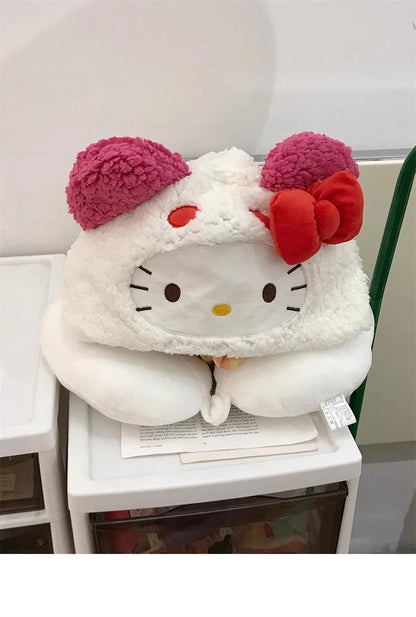 Stuffe Anime Hooded U-shaped Neck Pillow Hello Kitty Kuromi My Melody Travel Blackout Neck Pillow Office Nap Pillow Girl