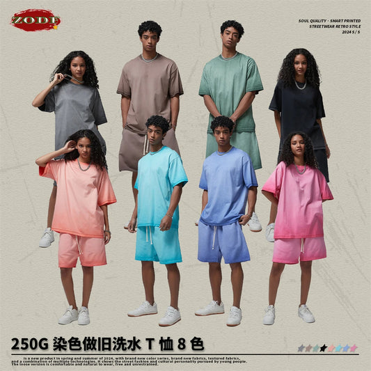 ZODF Vintage 2024 Summer Washed Cotton T-Shirts For Men Unisex Loose 250gsm O-Neck Distressed T Shirt Brand Clothes HY0757