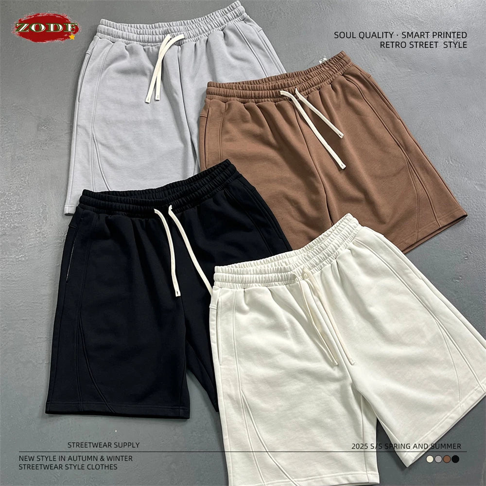 ZODF Trendy 2025 Men Summer Patchwork 345gsm Shorts Unisex Casual High Street Loose Fit Sport Solid Shorts Streetwears HY1053