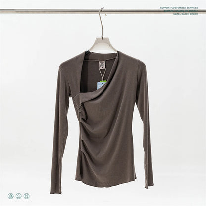 ZODF Retro Sexy Women Autumn Washed 275gsm T Shirt Ladies Girls Distressed Side Pleated Full Sleeve T-Shirts Tees HY1107