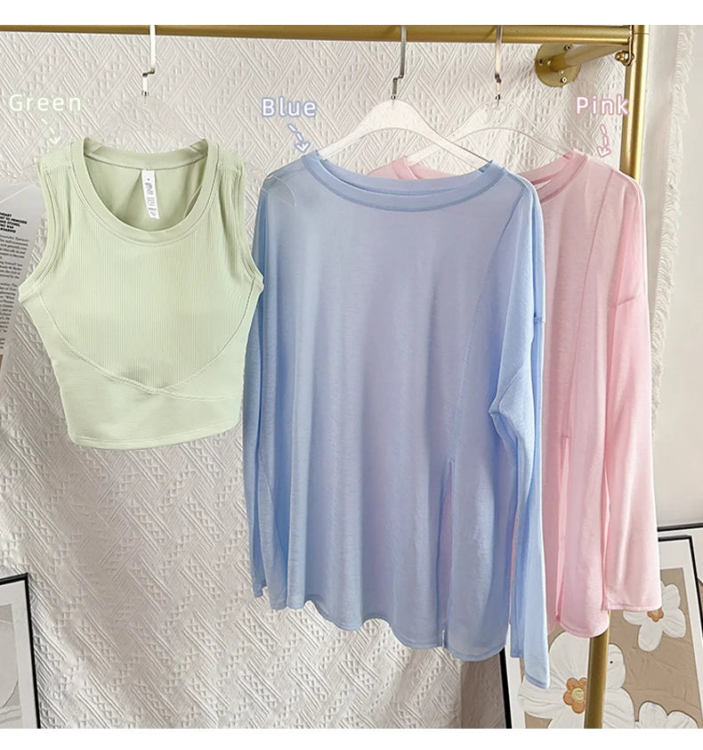 Women’s Long Sleeve Yoga Shirt O-Neck Breathable Loose Fit Sports Top for Running Pilates Gym Fitness