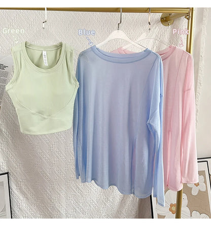 Women’s Long Sleeve Yoga Shirt O-Neck Breathable Loose Fit Sports Top for Running Pilates Gym Fitness