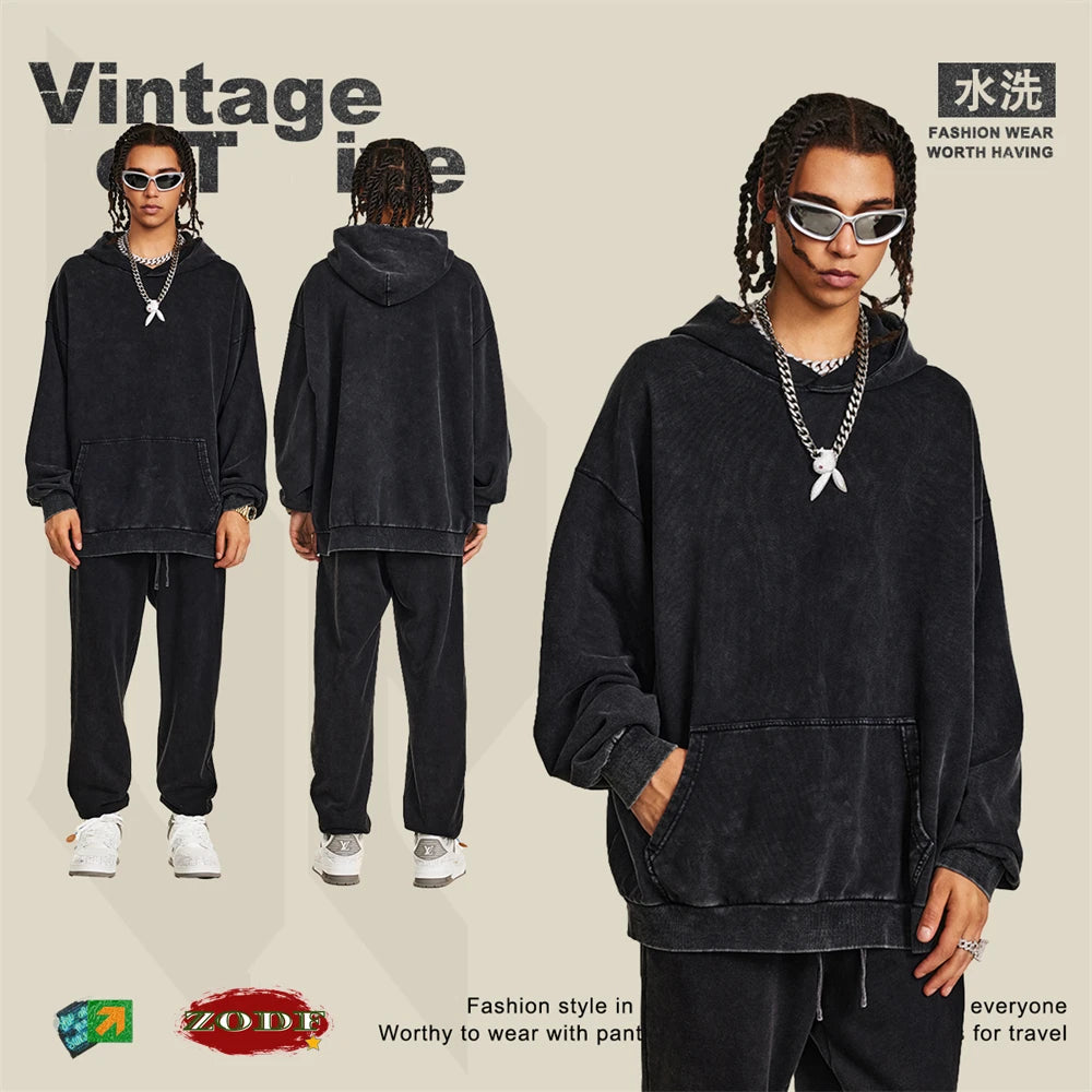 ZODF Retro Autumn Winter Washed Cotton Hoodies Unisex Loose 380gsm Knitted Sport Hooded Pullovers Brand Clothes HY0884