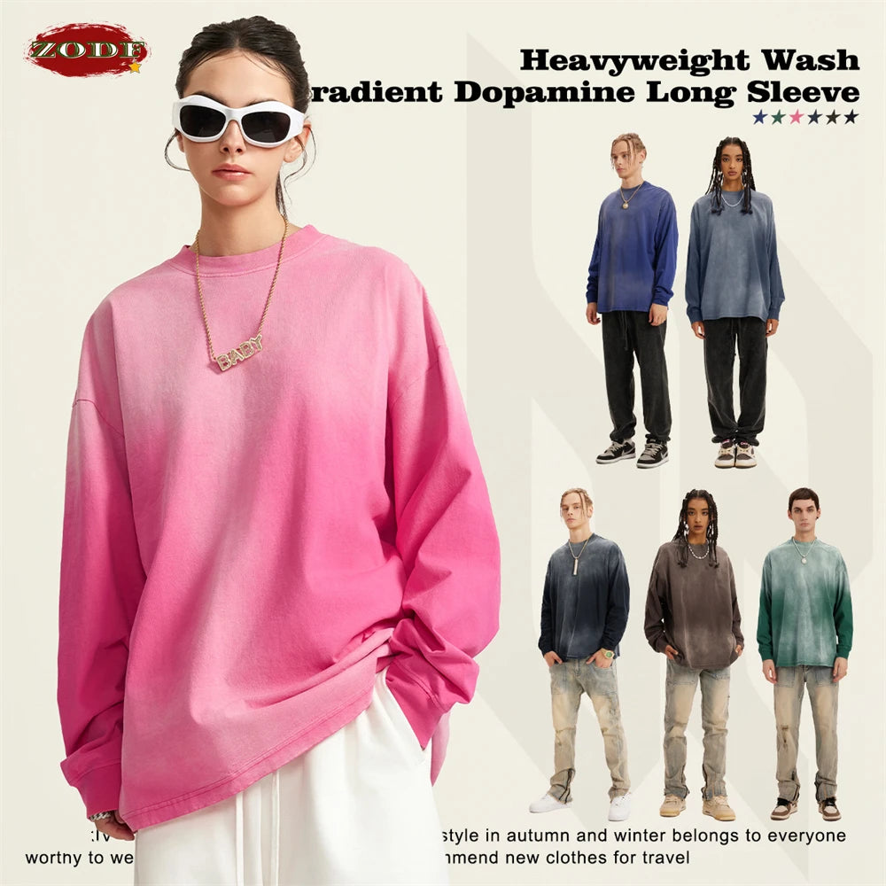 ZODF Retro Monkey Washed 260gsm Cotton T-Shirt For Men Unisex High Street Loose Full Sleeve T Shirt Brand Streetwear HY0406