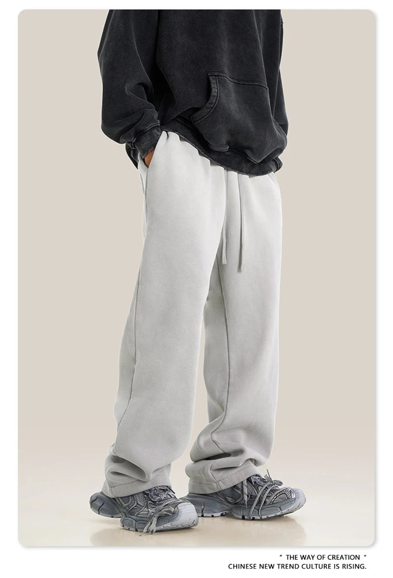 ZODF Retro Winter Monkey Washed Fleece Pants For Men Unisex Washed High Street 332gsm Warm Oversized Straight Trousers HY0892