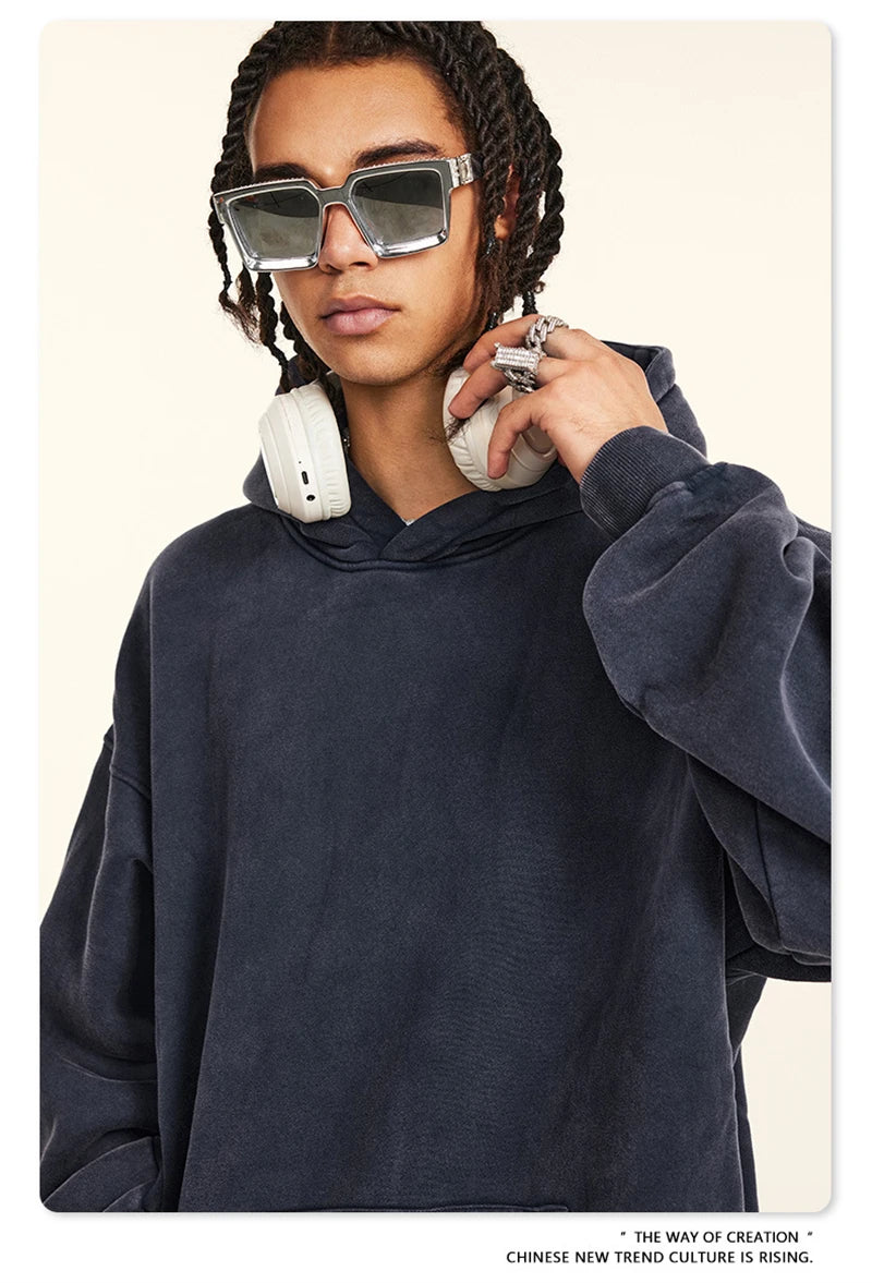 ZODF Retro Men’s Winter Washed Fleece Hoodie 360gsm Warm Knitted Loose Hooded Pullover Streetwear HY0887