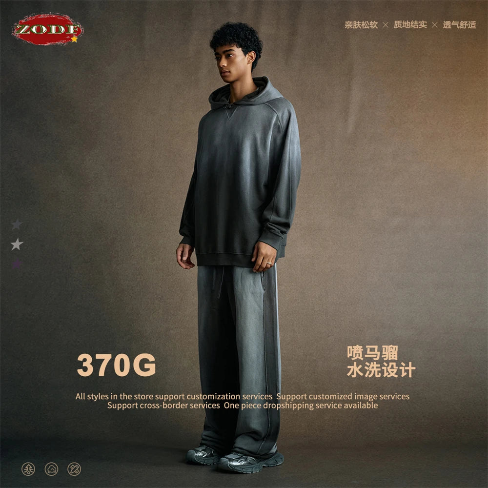 ZODF Retro Winter 370gsm Monkey Washed Hoodies For Man Unisex Oversized Off Shoulder 100% Cotton Hooded Coats Pullovers HY1136