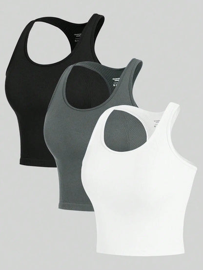 3 Piece Women’s Yoga Vest Set Seamless Racerback Crop Tops Rib Knit Breathable Workout Tank Top