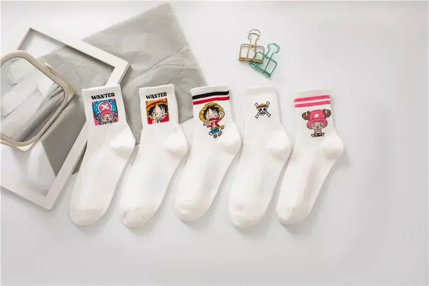 5Pair Anime One Piece Socks Cartoon Luffy Chopper Student Cotton White Long Short Boat Socks Printed Knitted Socks Children Gift
