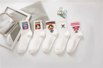 5Pair Anime One Piece Socks Cartoon Luffy Chopper Student Cotton White Long Short Boat Socks Printed Knitted Socks Children Gift