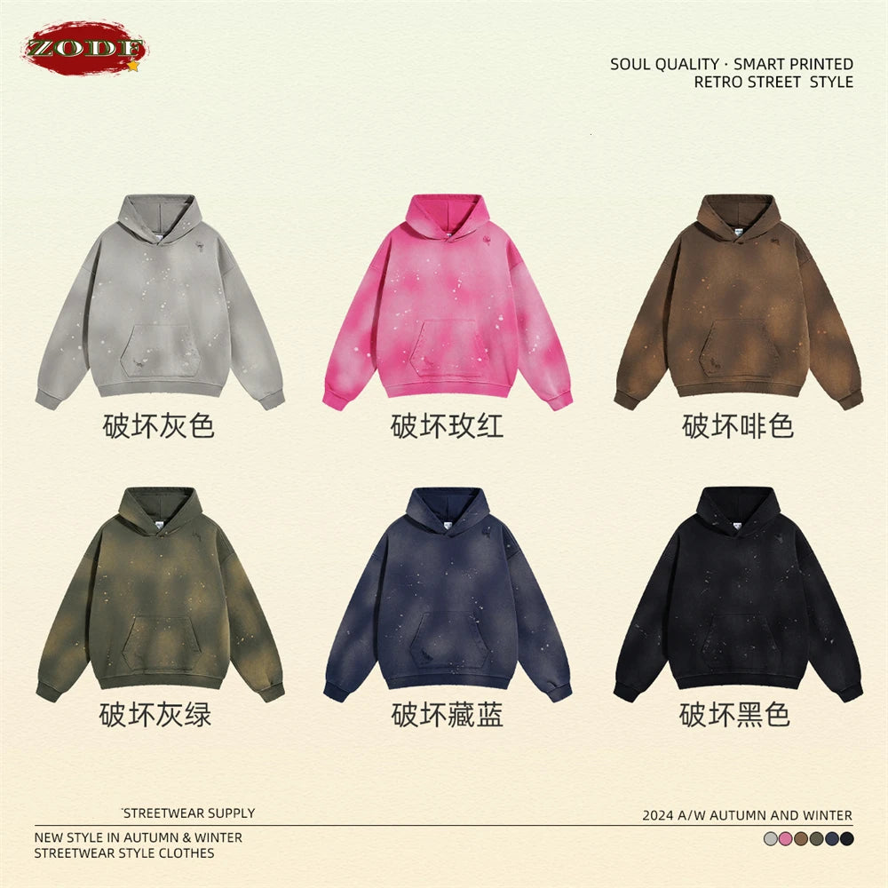 ZODF Autumn Winter Spray Dyeing Ink Splashing Hoodies For Men Unisex 450gsm Washed Oversized Knitted Hooded Pullovers HY0908